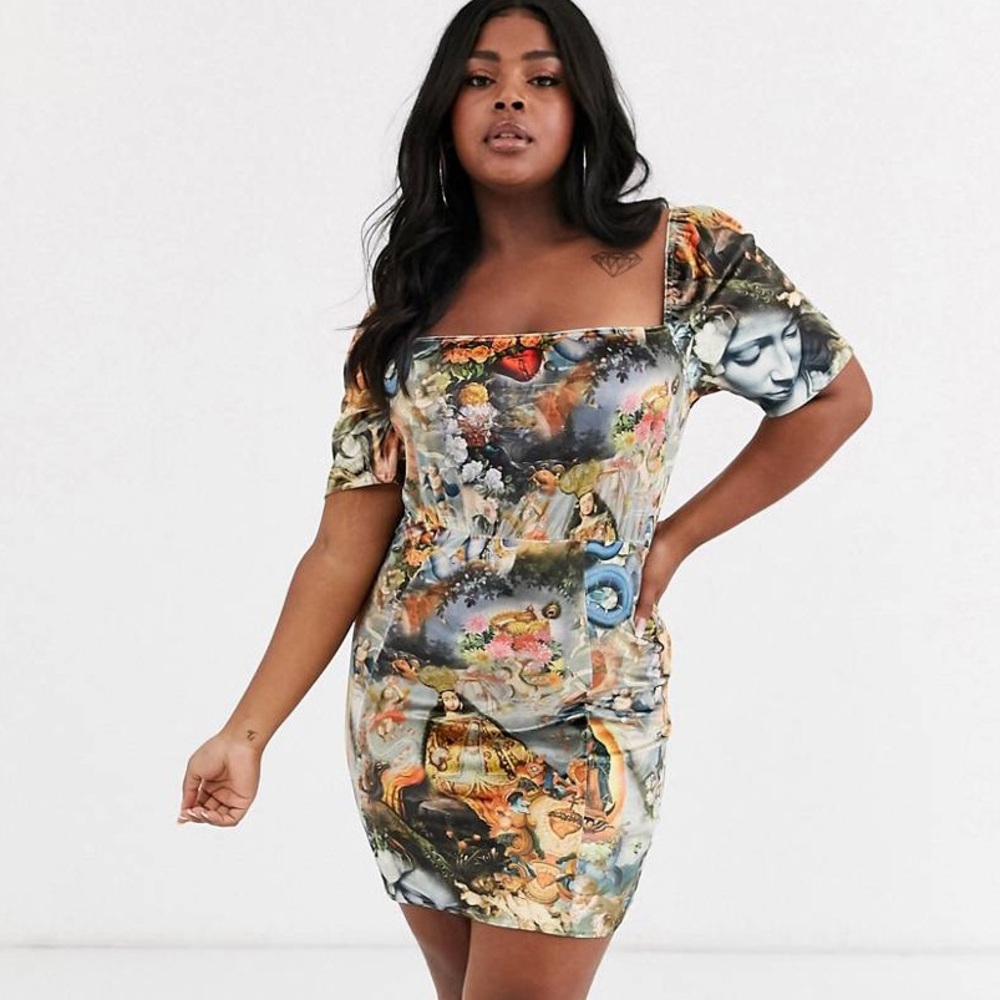 💔SOLD💔NGORDER New Girl Order Milk Maid Renaissance Print Velvet Bodycon Dress - Picture 10 of 12